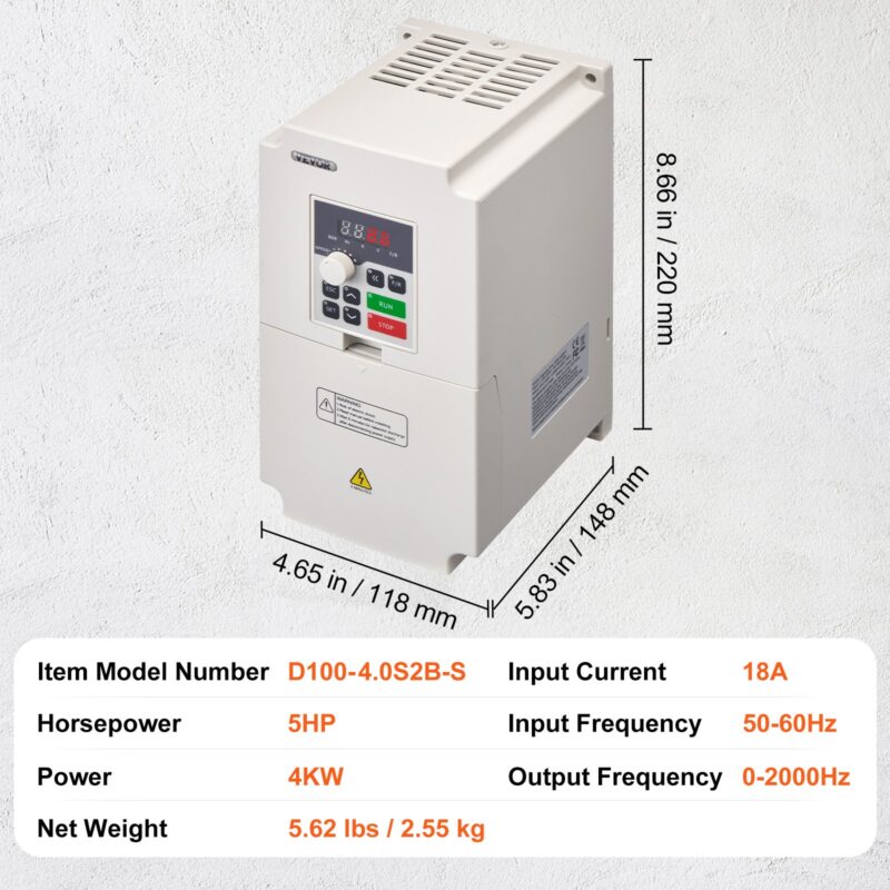 Размери и данни за честотен регулатор VEVOR D100-4.0S2B-S – 4kW, 5HP, 18A, 220V вход и изход, 0–2000 Hz честота.