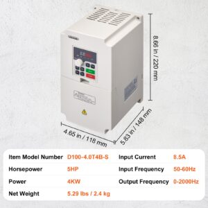 Техническа визуализация на VEVOR VFD D100-4.0T4B-S: размери (220 x 148 x 118 мм), тегло 2.4 кг, мощност 4 kW, 5 конски сили, входно напрежение 380V, изходна честота 0–2000Hz, ток 8.5A.