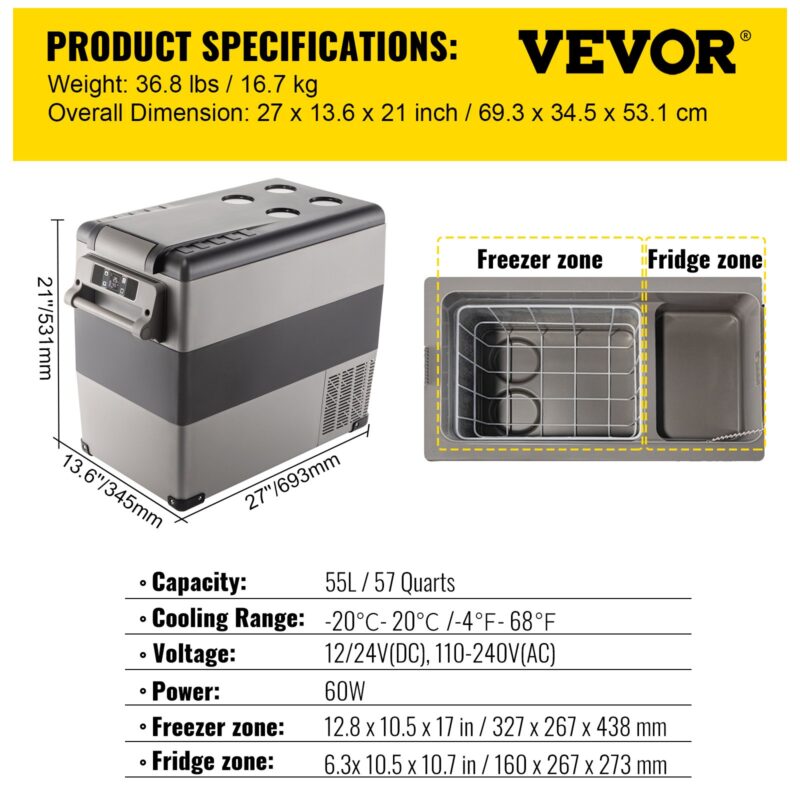 Технически характеристики на VEVOR WQ4746-55 – тегло 16.7 кг, размери 69.3 × 34.5 × 53.1 см. Вътрешни зони: фризер 327×267×438 мм и хладилник 160×267×273 мм. Подходящ за кола, къмпинг или домакинство.