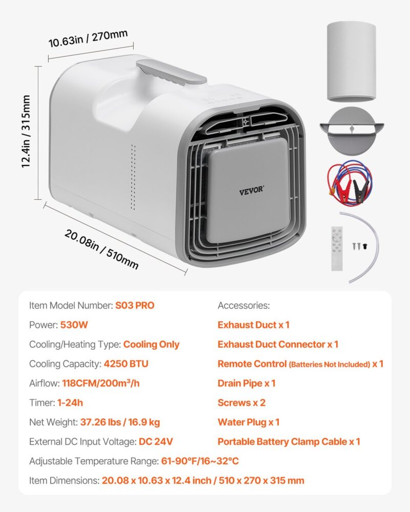 Климатик за палатка VEVOR S03 Pro, Мощност 530W, DC 24V захранване, Режими охлаждане, сън, вентилатор, обезвлажняване - Image 7