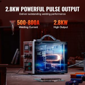 VEVOR 788H импулсен уред за точкова заварка на батерии с мощност 2.8KW и ток 500–800 ампера, показан с визуализация на вътрешния механизъм