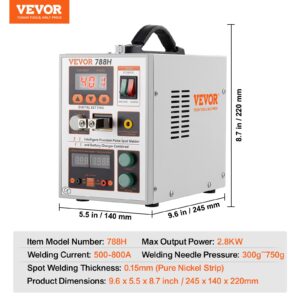 Технически характеристики на мини апарат за точково заваряване VEVOR 788H с размери 245 x 140 x 220 мм и капацитет за заваряване на никелова лента 0.15 мм