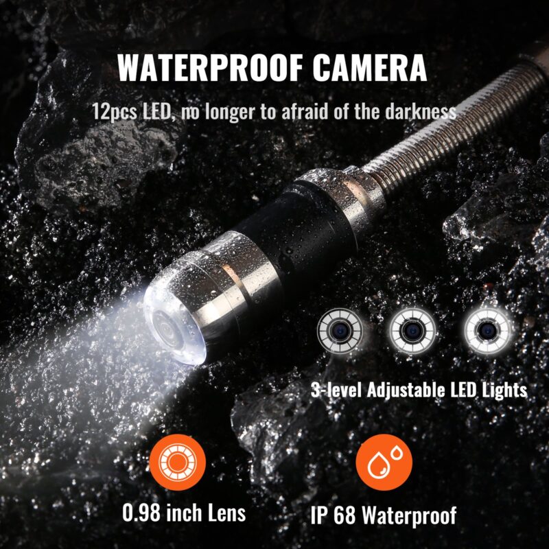 Водоустойчива камера VEVOR с 12 LED светлини, сапфирен обектив и IP68 защита, работеща в мокра среда