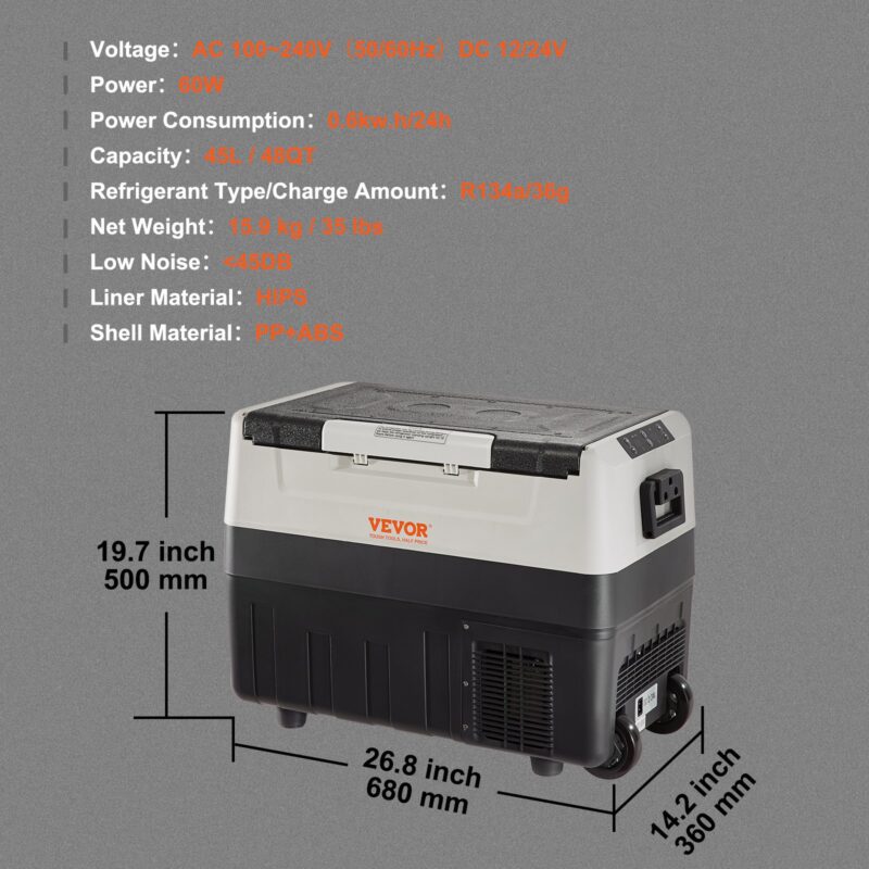 Технически характеристики на модела: захранване AC 100–240V и DC 12/24V, мощност 60W, консумация 0.6 kWh за 24 ч, охлаждащ агент R134a/36g, нисък шум под 45 dB. Размери: 680 × 360 × 500 мм, тегло 15.9 кг.