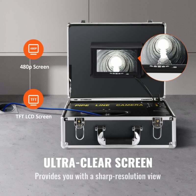 Детайл от екрана на инспекционната камера, показващ 480p резолюция и TFT LCD технология с ясно изображение от вътрешността на тръба.