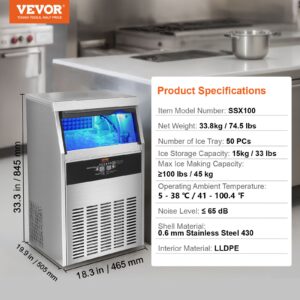 Машина за лед VEVOR SSX100 с 50 форми за лед, капацитет до 45 кг дневно производство, 15 кг съхранение и корпус от неръждаема стомана