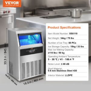 Машина за лед VEVOR SSX110 с 60 форми за лед, капацитет до 50 кг дневно производство, 15 кг съхранение и издръжлив корпус от неръждаема стомана
