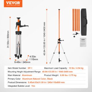 Подробни размери и елементи на триподна стойка за лазерен ннивелир VEVOR SP-1, включително стойката, накрайника за уред и транспортната чанта.