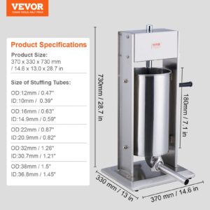 Пълначка за месо VEVOR XZ-15 с обозначени размери – височина 730 мм, ширина 370 мм и дълбочина 330 мм, включваща таблица с точни диаметри на дюзите