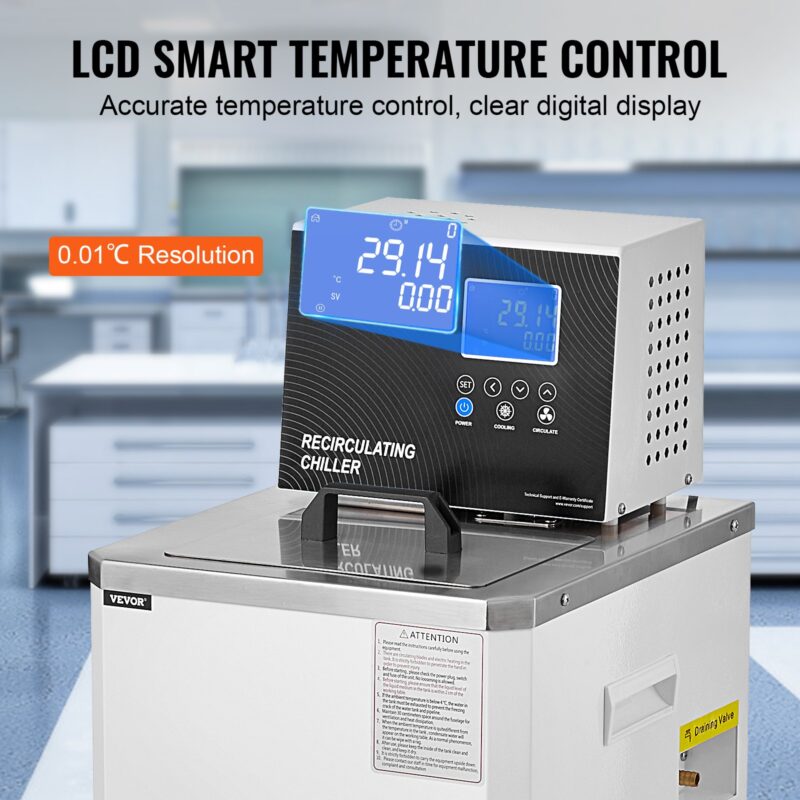 LCD дисплей на лабораторен чилър VEVOR DC-2006 с цифров контрол и точност 0.01°C
