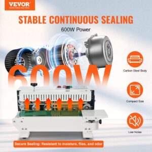 Машина за запечатване на пликове VEVOR с мощност 600W, карбонова стоманена конструкция и стабилна непрекъсната работа. Инфографика подчертава ниското ниво на шум и компактния дизайн.