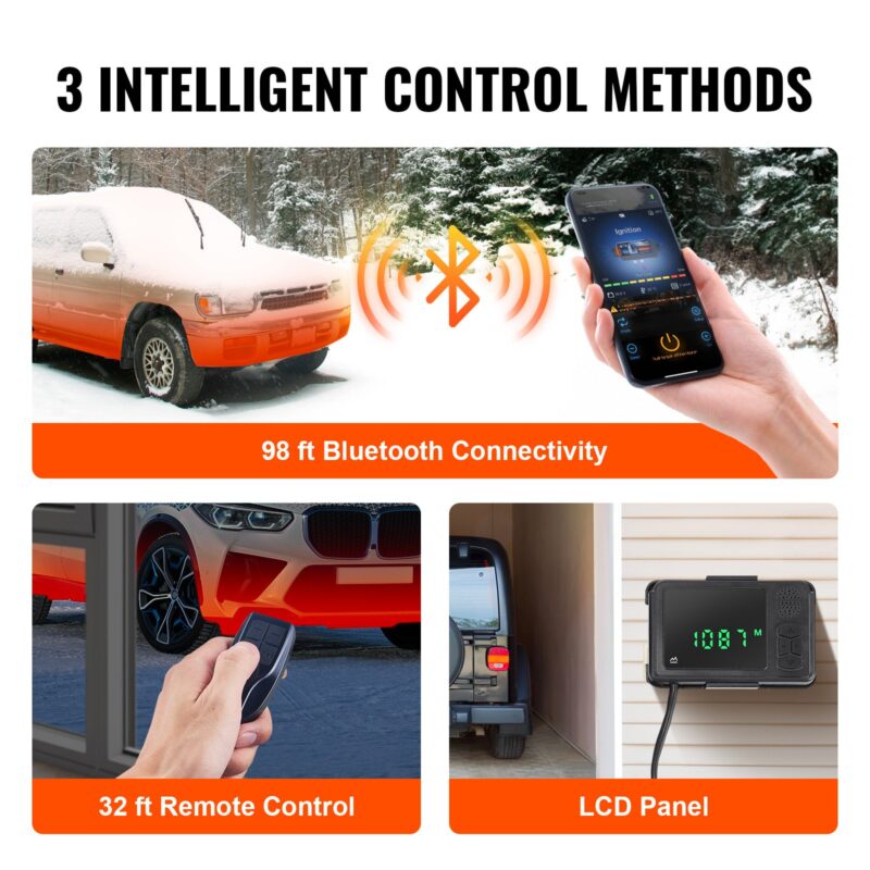 Три интелигентни начина за управление на печката VEVOR – чрез Bluetooth (обхват до 30 метра), дистанционно управление (до 10 метра) и LCD контролен панел. Изображения на кола със сняг, смартфон с приложение, дистанционно и панел.