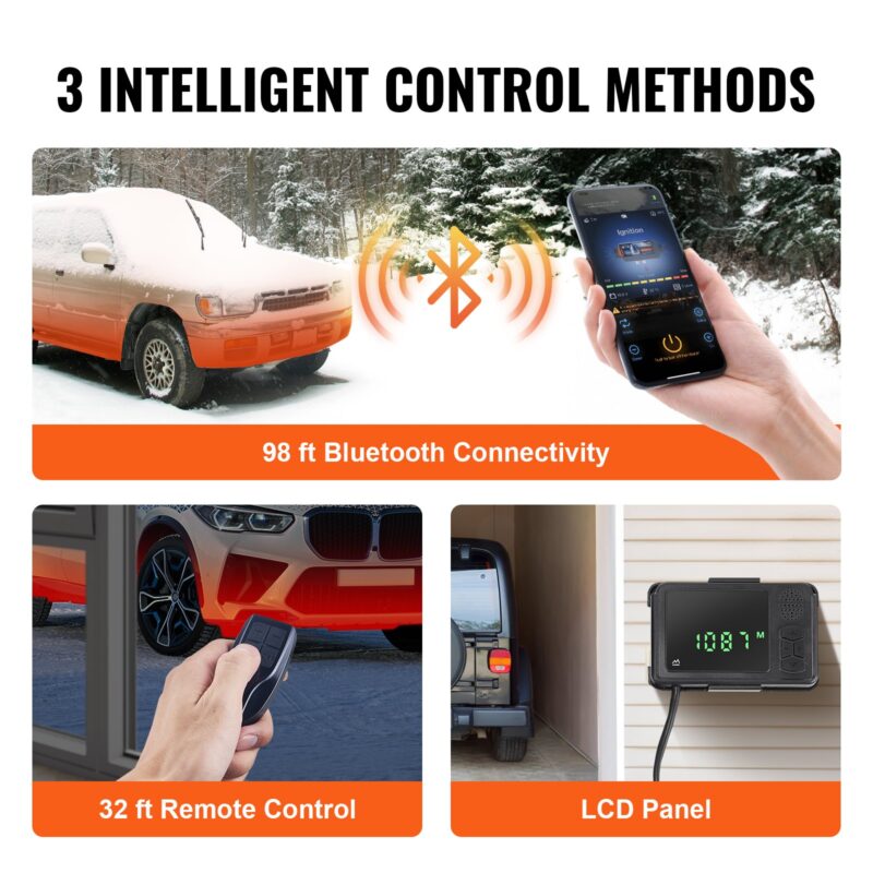 Три интелигентни начина за управление на печката VEVOR – чрез Bluetooth (обхват до 30 метра), дистанционно управление (до 10 метра) и LCD контролен панел. Изображения на кола със сняг, смартфон с приложение, дистанционно и панел.