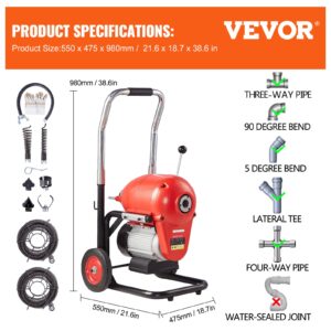 Технически характеристики на машината за отпушване VEVOR D1100 – размери 550 x 475 x 980 мм, аксесоари и възможност за работа с различни видове тръбни съединения