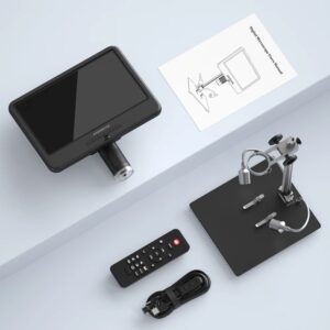 Пълен комплект на дигитален микроскоп Andonstar AD210 – включва 10.1-инчов екран, метална стойка, дистанционно управление, осветление, захранващ кабел и ръководство за употреба.