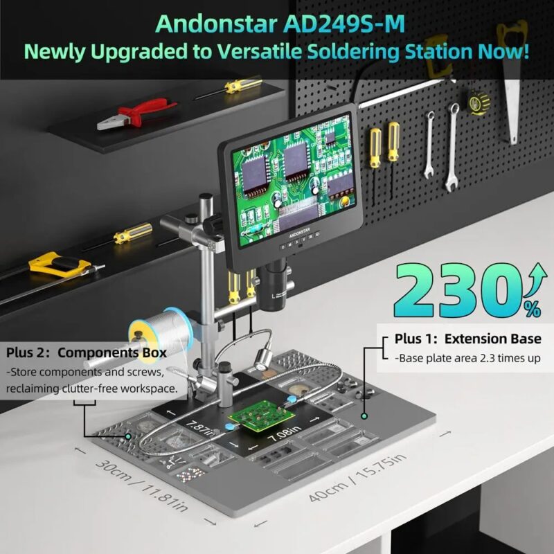 Работна станция на микроскопа Andonstar AD249SM-Plus с разширена основа, кутии за компоненти и оптимизирана зона за запояване и сервизиране на платки.