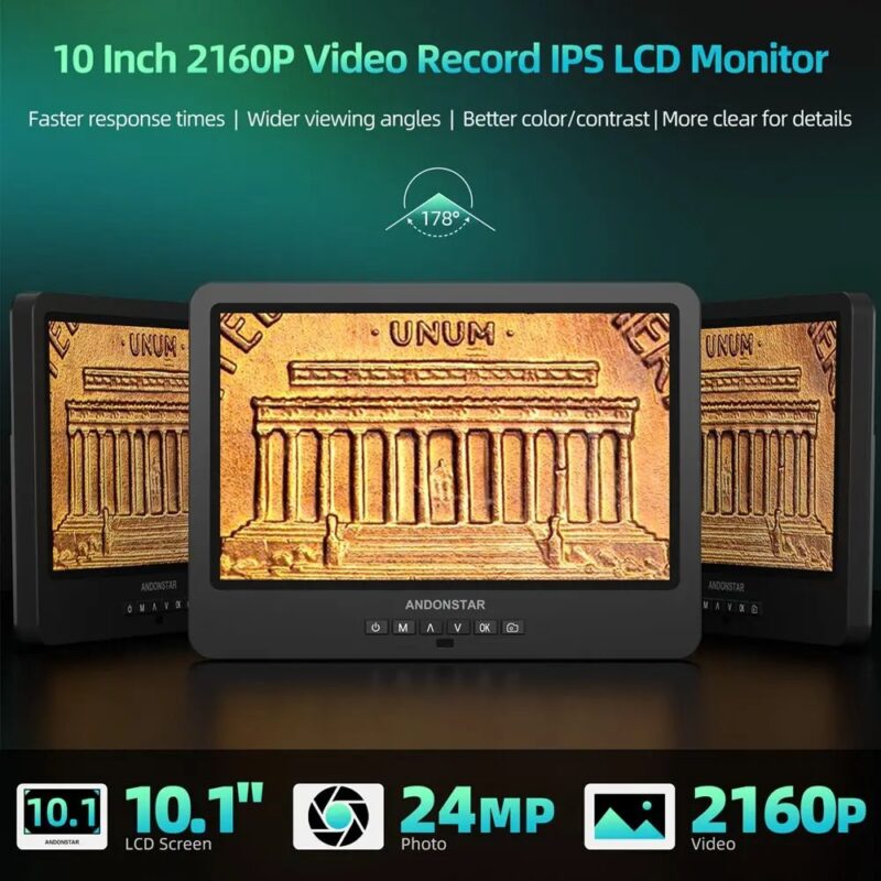 IPS LCD екран на микроскопа Andonstar AD249SM-Plus с диагонал 10.1 инча и резолюция 2160P – предлага широк зрителен ъгъл и детайлно изображение за снимки и видео.
