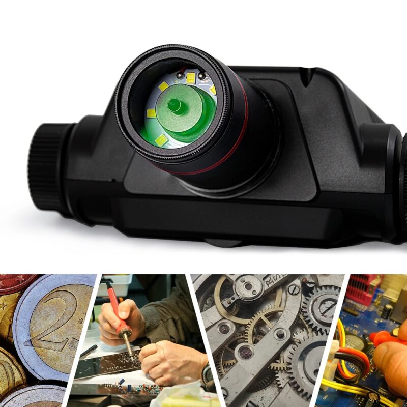 Близък план на обектива на дигитален микроскоп Andonstar ADSM301 с вградени LED диоди – подходящ за бижута, часовници, монети и ремонт на електроника.