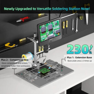 Работна станция на микроскопа Andonstar AD246SM-Plus с разширена основа, кутии за компоненти и оптимизирана зона за запояване и сервизиране на платки.
