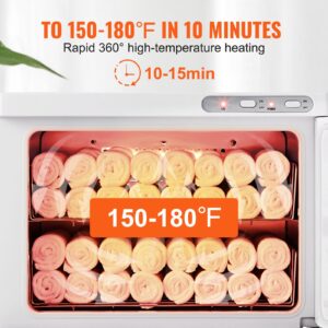Вътрешен изглед на VEVOR RTD-23A, пълен с кърпи, нагряващ до 66–82°C за 10–15 минути чрез 360° равномерно затопляне.