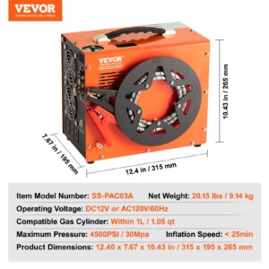 Размери на компресор VEVOR SS-PAC03B – 31.5 x 19.5 x 26.5 см, тегло 9.14 кг, с работно напрежение DC12V или AC120V и налягане до 30Mpa