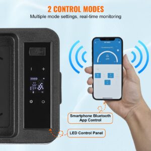 Управление на хладилник VEVOR CF8 чрез мобилен телефон с Bluetooth връзка и близък план на LED дисплея.