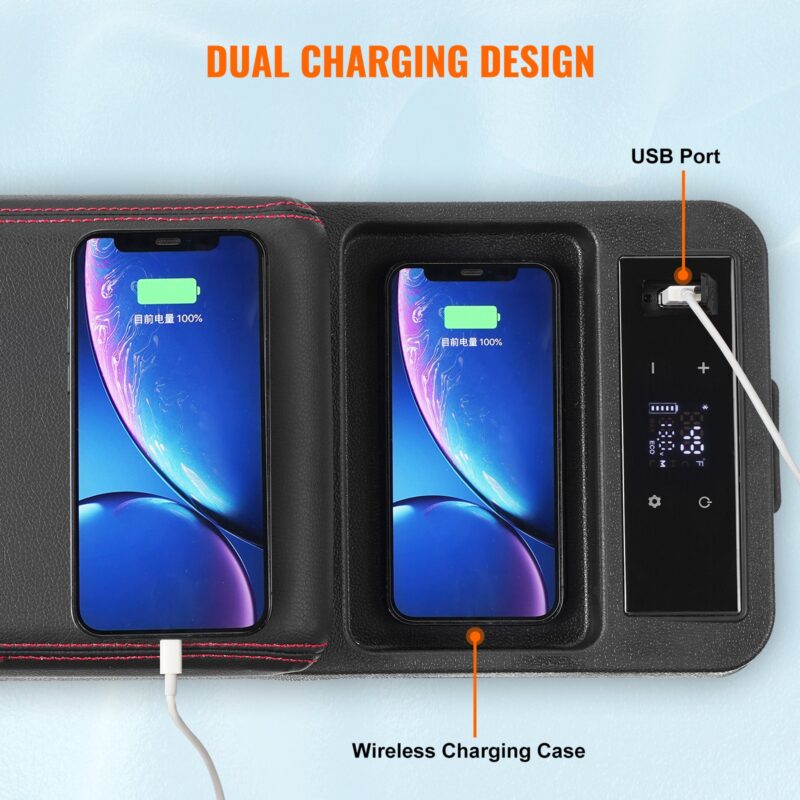 Кожен подлакътник с два телефона, зареждащи се чрез USB порт и безжична станция върху капака на хладилника VEVOR CF8.