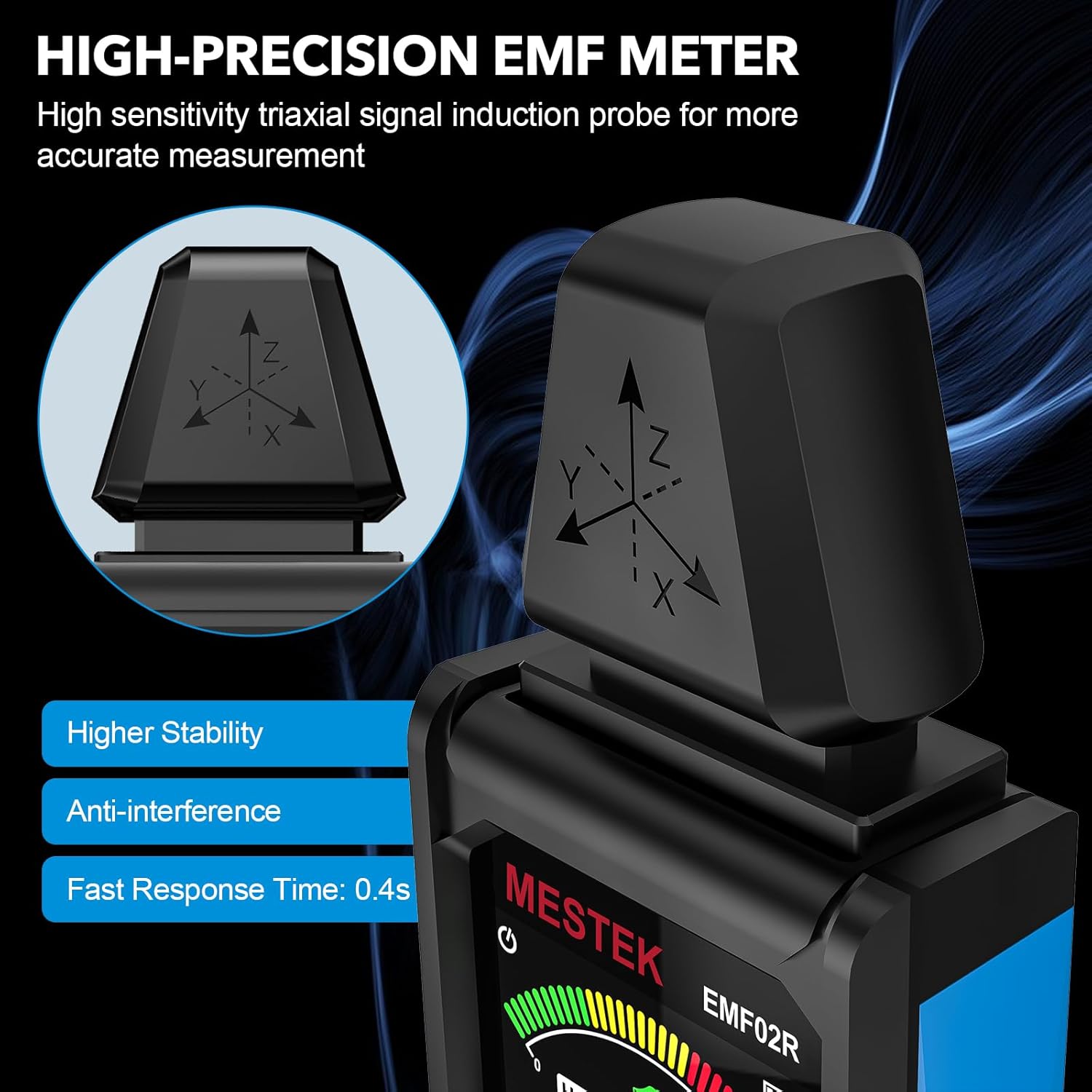 Сензорна глава на Mestek EMF02R с триосен датчик за точно измерване на електромагнитни полета.
