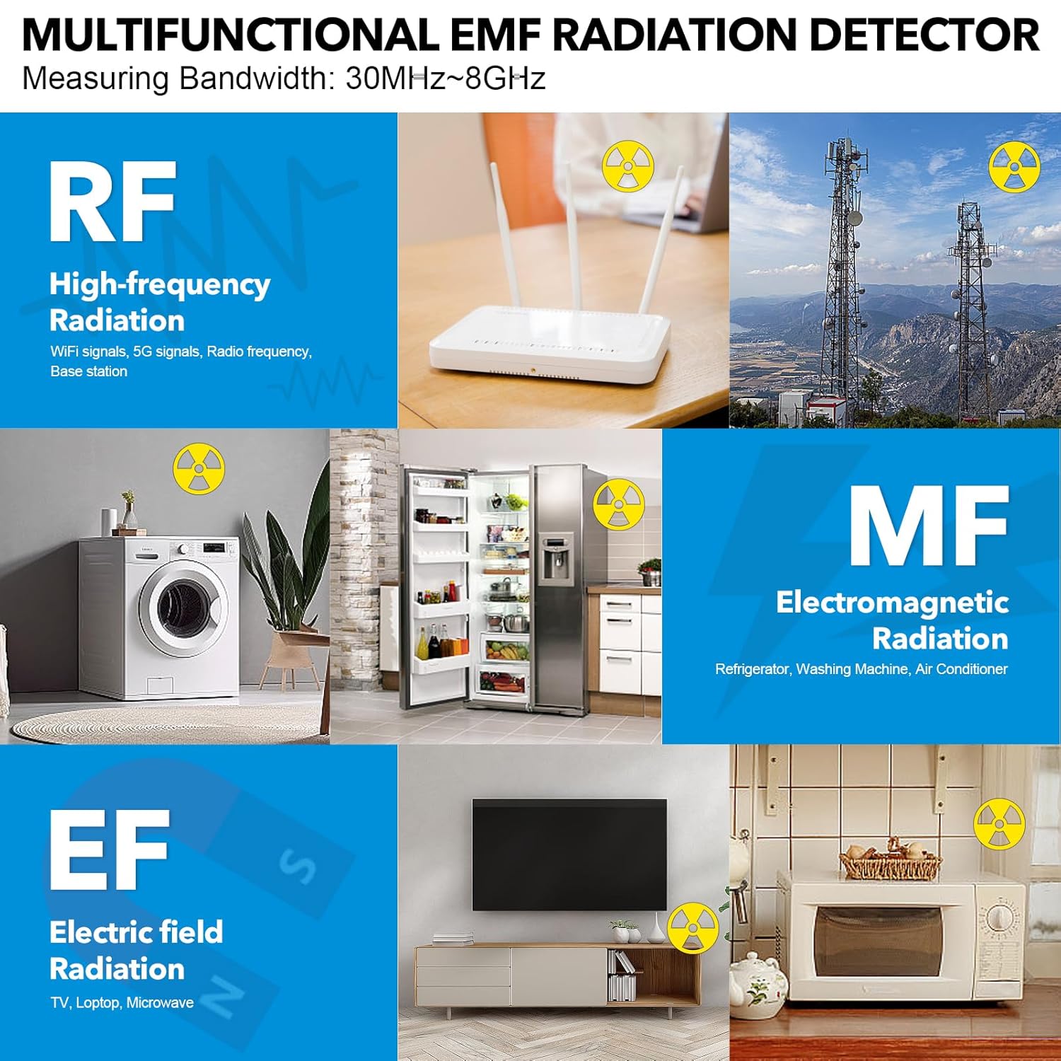 Приложения на Mestek EMF02R – измерване на RF, електромагнитно и електрическо поле около домакински уреди и базови станции.
