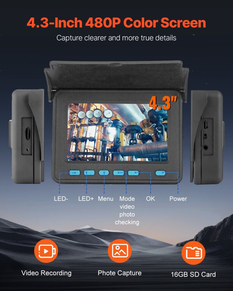 4.3-инчов цветен дисплей на камерата за тръби и канали VEVOR WP9604B с бутонно управление и възможности за запис и снимки