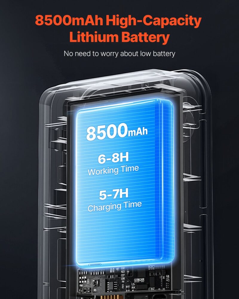 Литиево-йонна батерия с капацитет 8500 mAh на камерата за инспекция на канали и тръби VEVOR WP9604B с време за работа до 8 часа