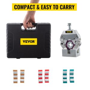 Пълен комплект VEVOR 71550 с пластмасова кутия за съхранение, инструмента и 4 цветно кодирани матрици, подредени за лесен преглед.