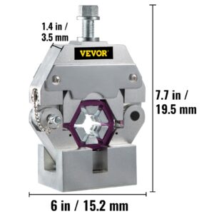 Изображение с точни размери на кримпващ инструмент VEVOR 71550 – височина 19.5 см, ширина 15.2 см и дебелина 3.5 мм, с ясно видим винт и матрица.