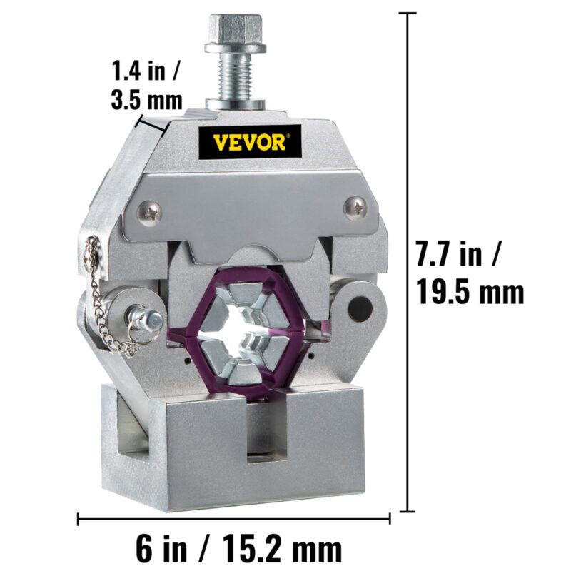 Изображение с точни размери на кримпващ инструмент VEVOR 71550 – височина 19.5 см, ширина 15.2 см и дебелина 3.5 мм, с ясно видим винт и матрица.