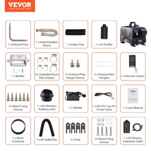 Аксесоари в опаковката на VEVOR CY5004 – ауспух, маркучи, адаптер, кабели, дистанционно и CO модул