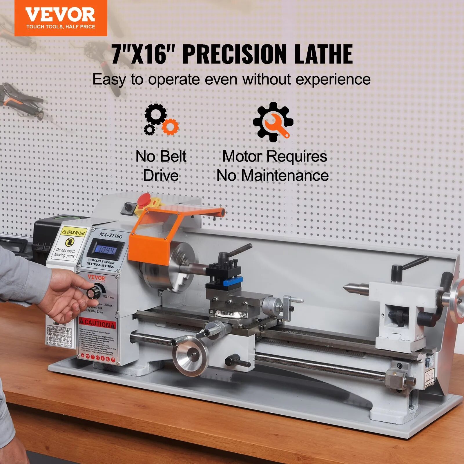 Монофазен струг за метал Vevor MX-S716G, Разстояние между центрите 40.6 см, Мощност 800W, Променливи обороти 150–2500 об/мин - Image 2