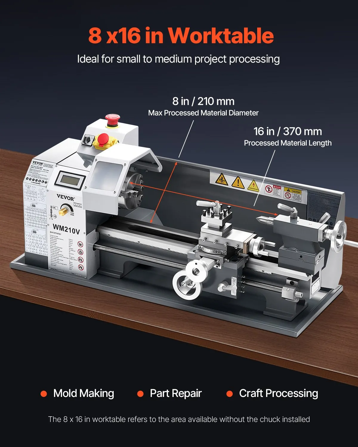 Мини струг за метал Vevor WM210V, Мощност 550W, Променливи обороти 0 - 2500 RPM - Image 2
