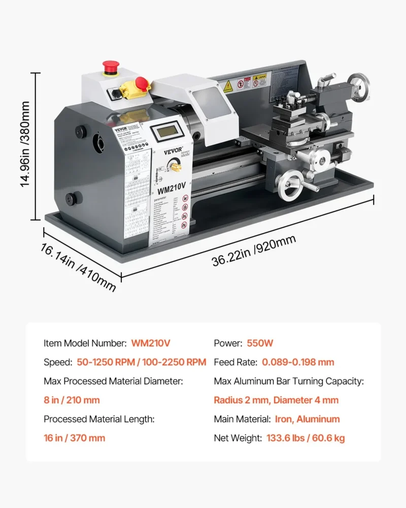 Мини струг за метал Vevor WM210V, Мощност 550W, Променливи обороти 0 - 2500 RPM - Image 7