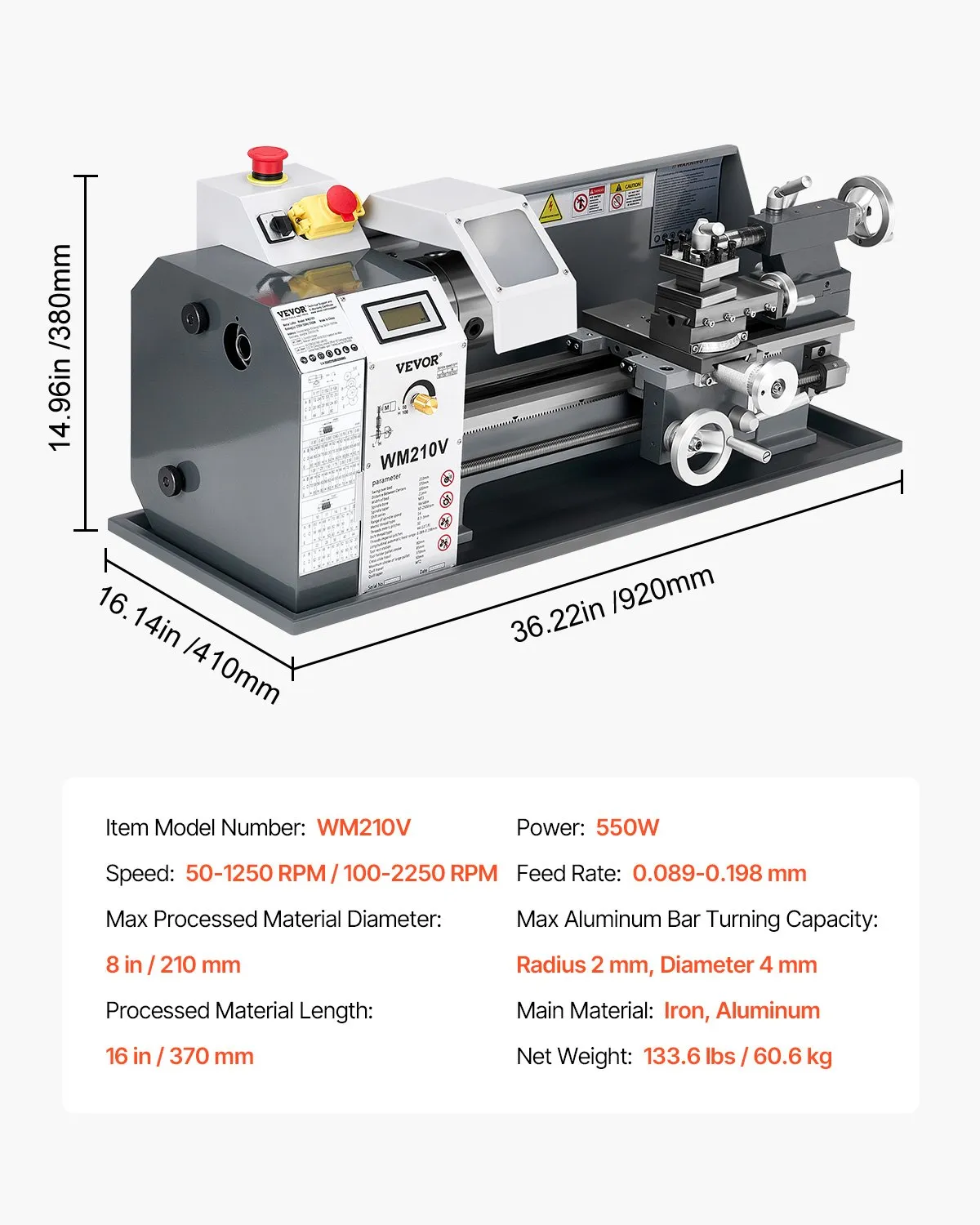 Мини струг за метал Vevor WM210V, Мощност 550W, Променливи обороти 0 - 2500 RPM - Image 7