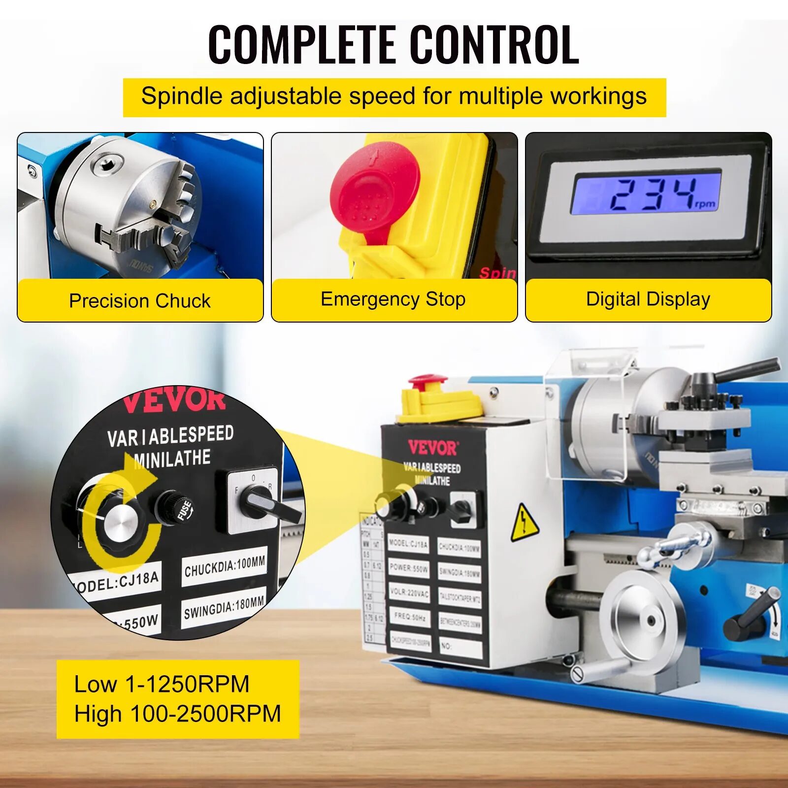 Мини струг за метал Vevor MTL714, Монофазен мотор 550W, Променливи обороти до 2500 об/мин, Цифров дисплей - Image 6