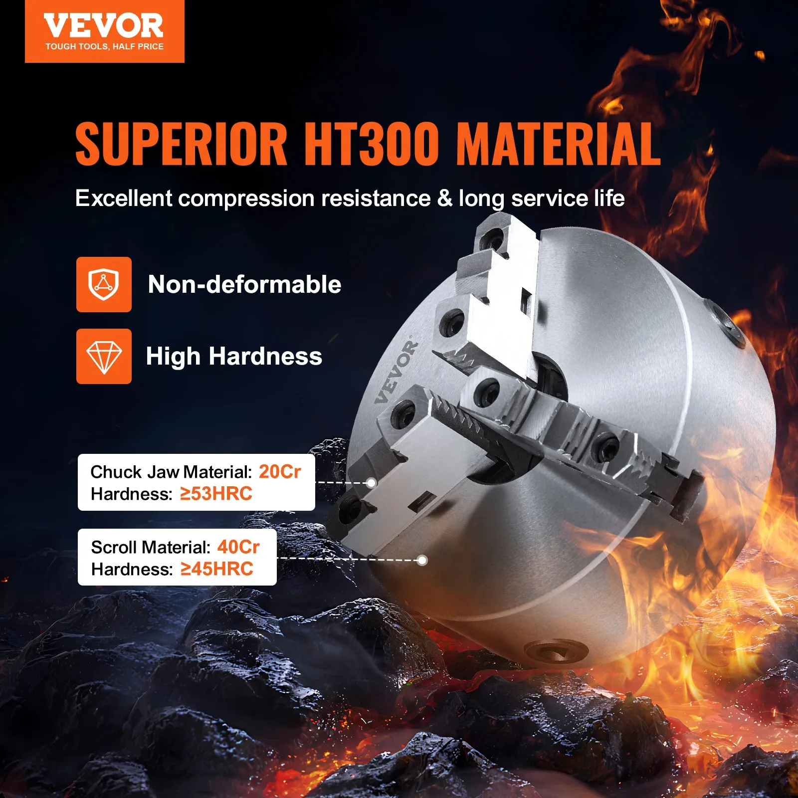 Универсал за струг 250 мм Vevor K11-250, 3-челюстен, Самозатягащ, Закалена стомана - Image 2