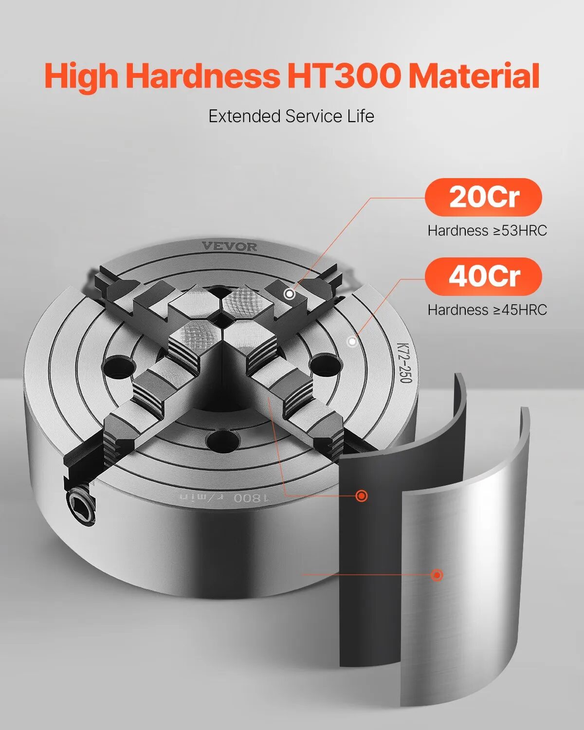 Патронник за струг 250 мм Vevor K72 250, 4 челюсти, Висококачествен чугун HT300 - Image 2