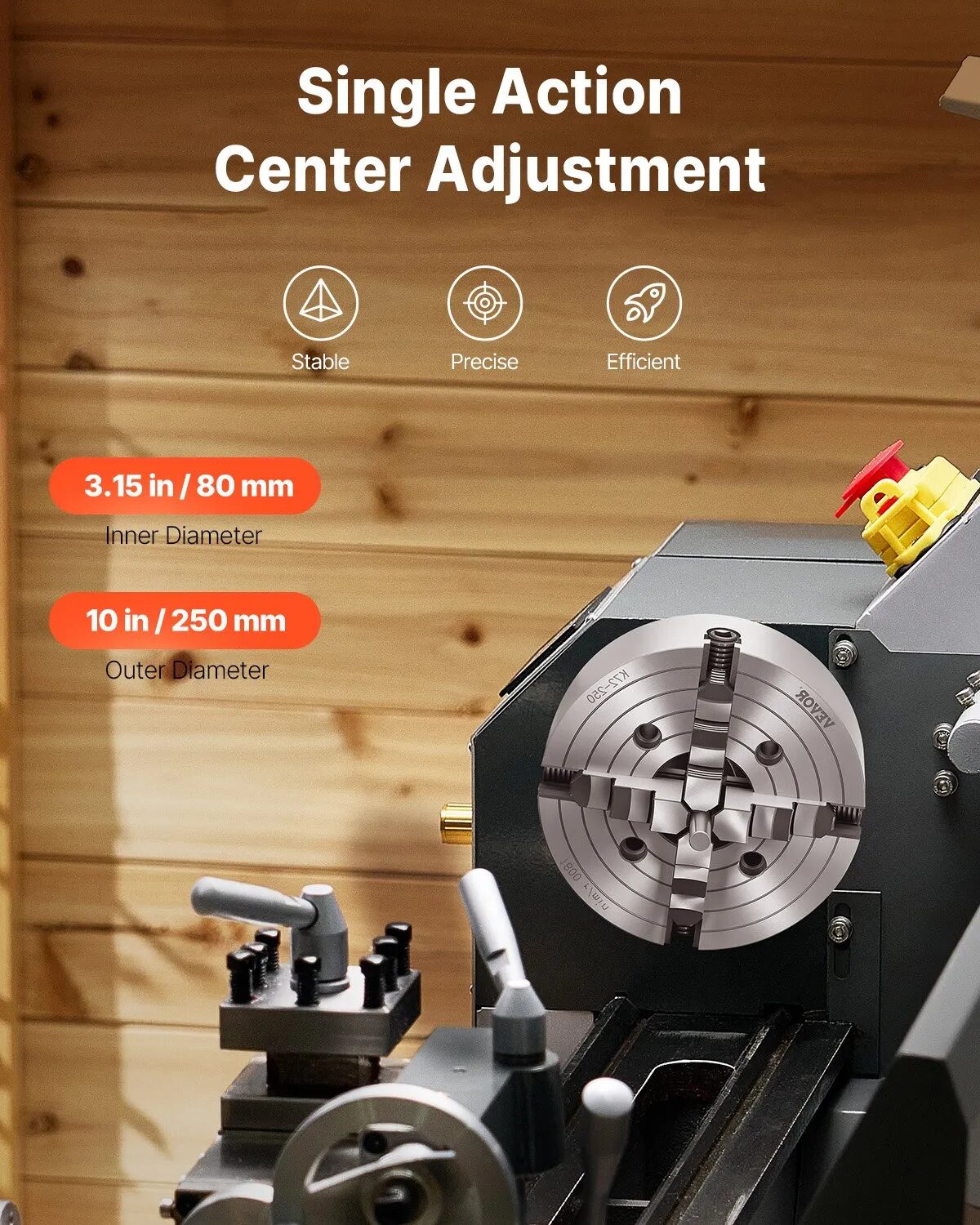 Патронник за струг 250 мм Vevor K72 250, 4 челюсти, Висококачествен чугун HT300 - Image 3