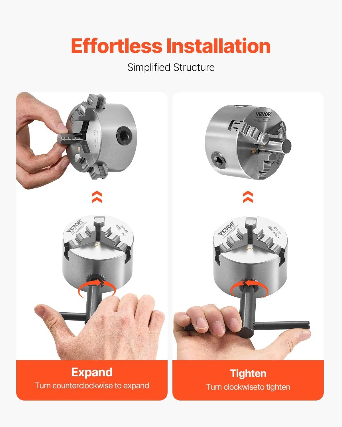 Универсал за струг 80 мм Vevor K11 80, 3-челюстен самозатягащ, Захват 2-63 мм. - Image 5