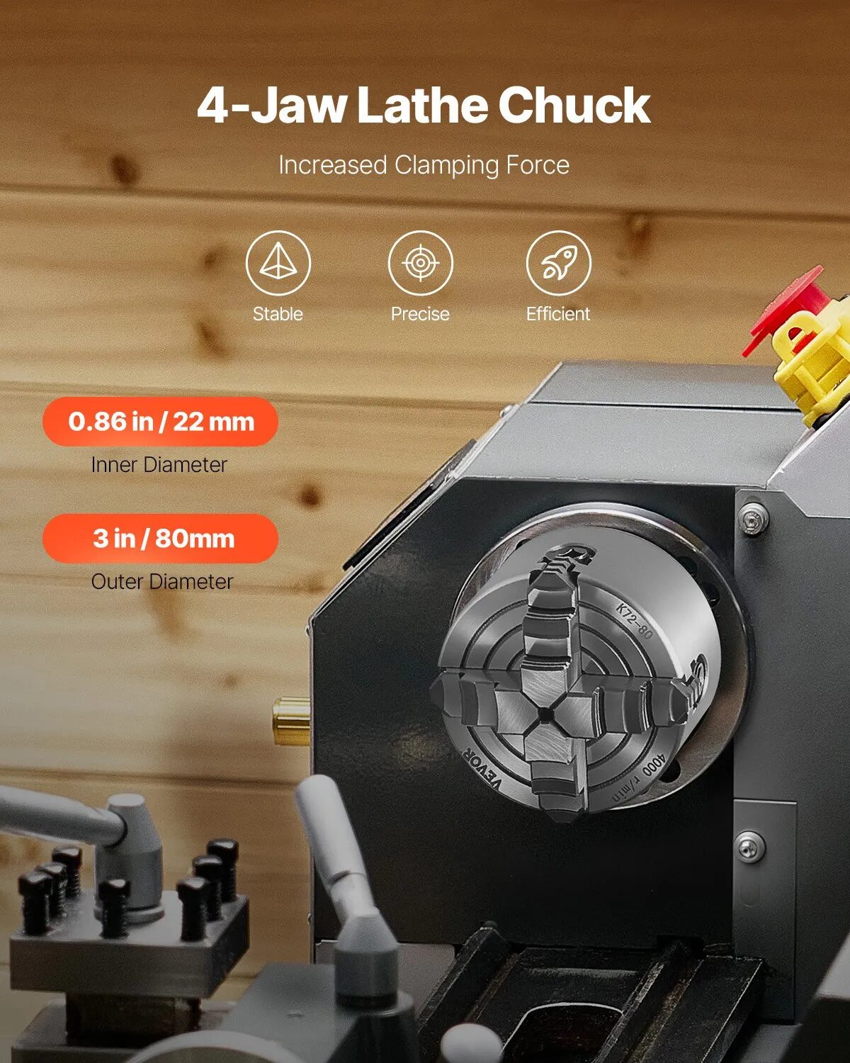 Патронник за струг Vevor K72 80, 4-челюстен, Диаметър 80 мм, Обхват на захващане 5-80 мм - Image 3