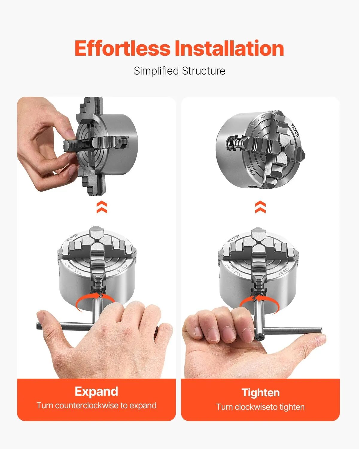 Патронник за струг Vevor K72 80, 4-челюстен, Диаметър 80 мм, Обхват на захващане 5-80 мм - Image 5
