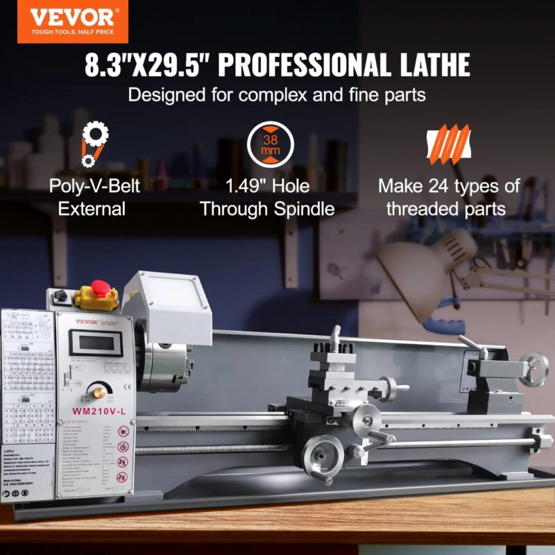 Струг за метал Vevor WM210V-L, 750W безчетков мотор, Дължина между центровете 75 см, 0–2500 об/мин, Прецизен настолен модел - Image 2