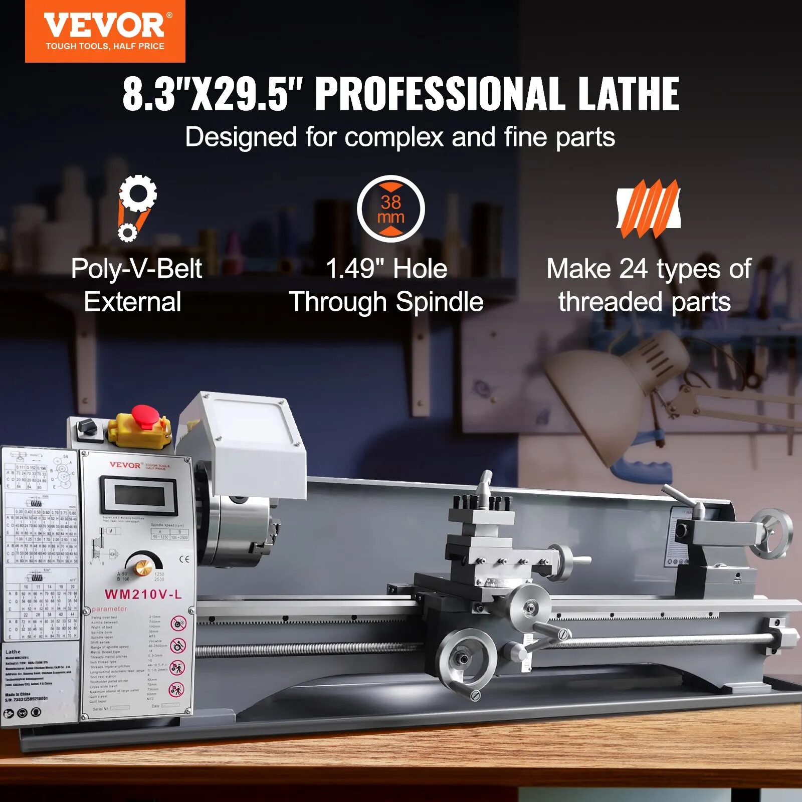 Струг за метал Vevor WM210V-L, 750W безчетков мотор, Дължина между центровете 75 см, 0–2500 об/мин, Прецизен настолен модел - Image 2