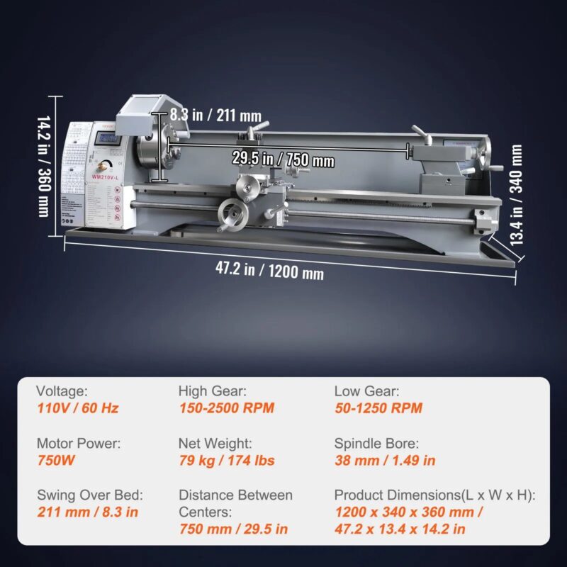 Струг за метал Vevor WM210V-L, 750W безчетков мотор, Дължина между центровете 75 см, 0–2500 об/мин, Прецизен настолен модел - Image 7