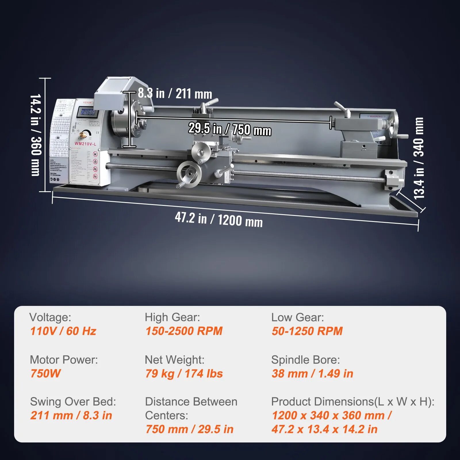 Струг за метал Vevor WM210V-L, 750W безчетков мотор, Дължина между центровете 75 см, 0–2500 об/мин, Прецизен настолен модел - Image 7